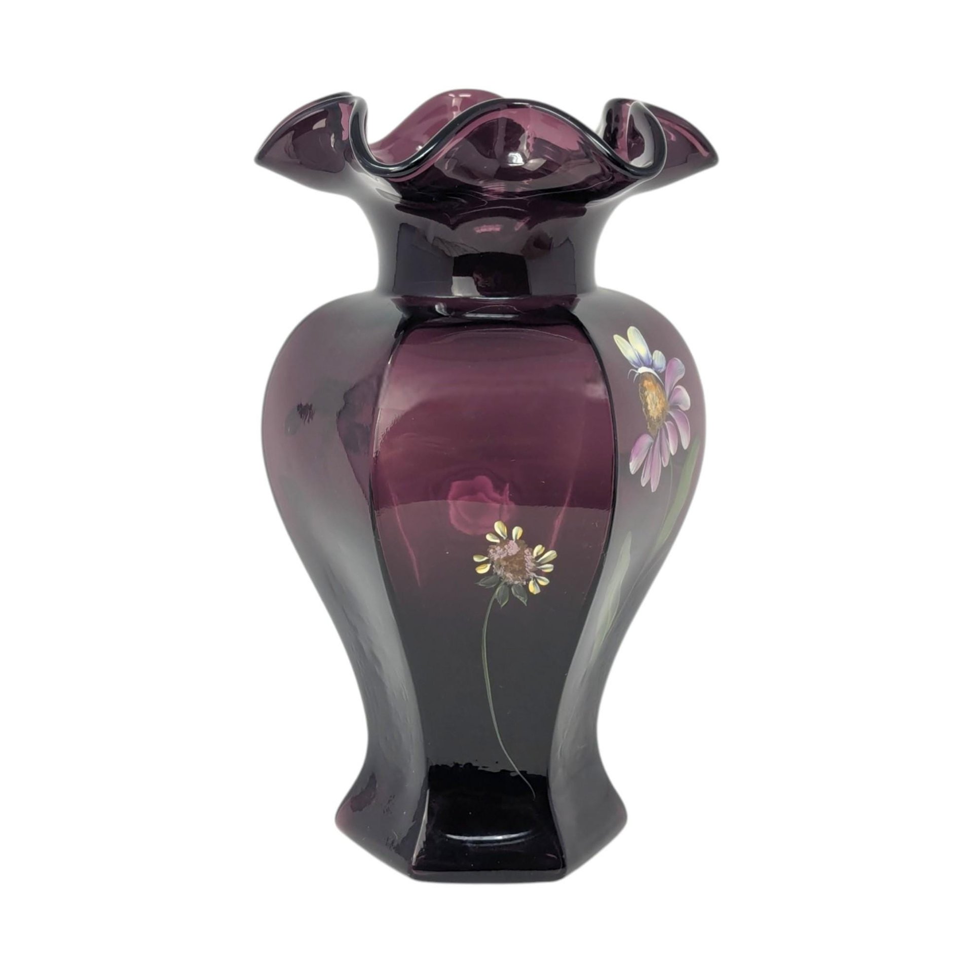 Fenton Mulberry Hand Painted Vase – Vintage Floral Art Glass Decorative Piece