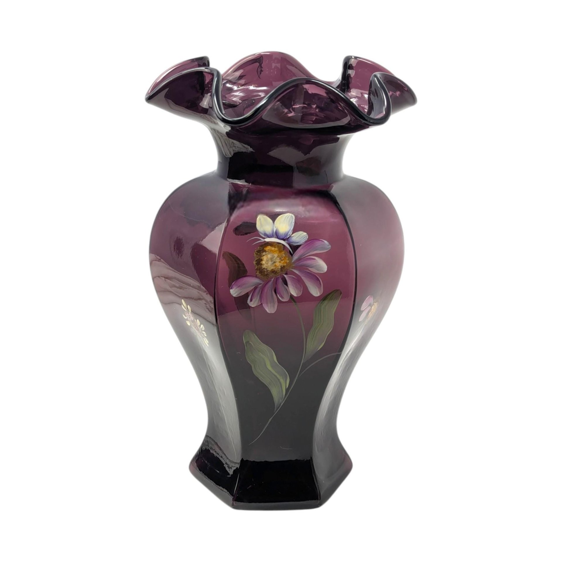 Fenton Mulberry Hand Painted Vase – Vintage Floral Art Glass Decorative Piece