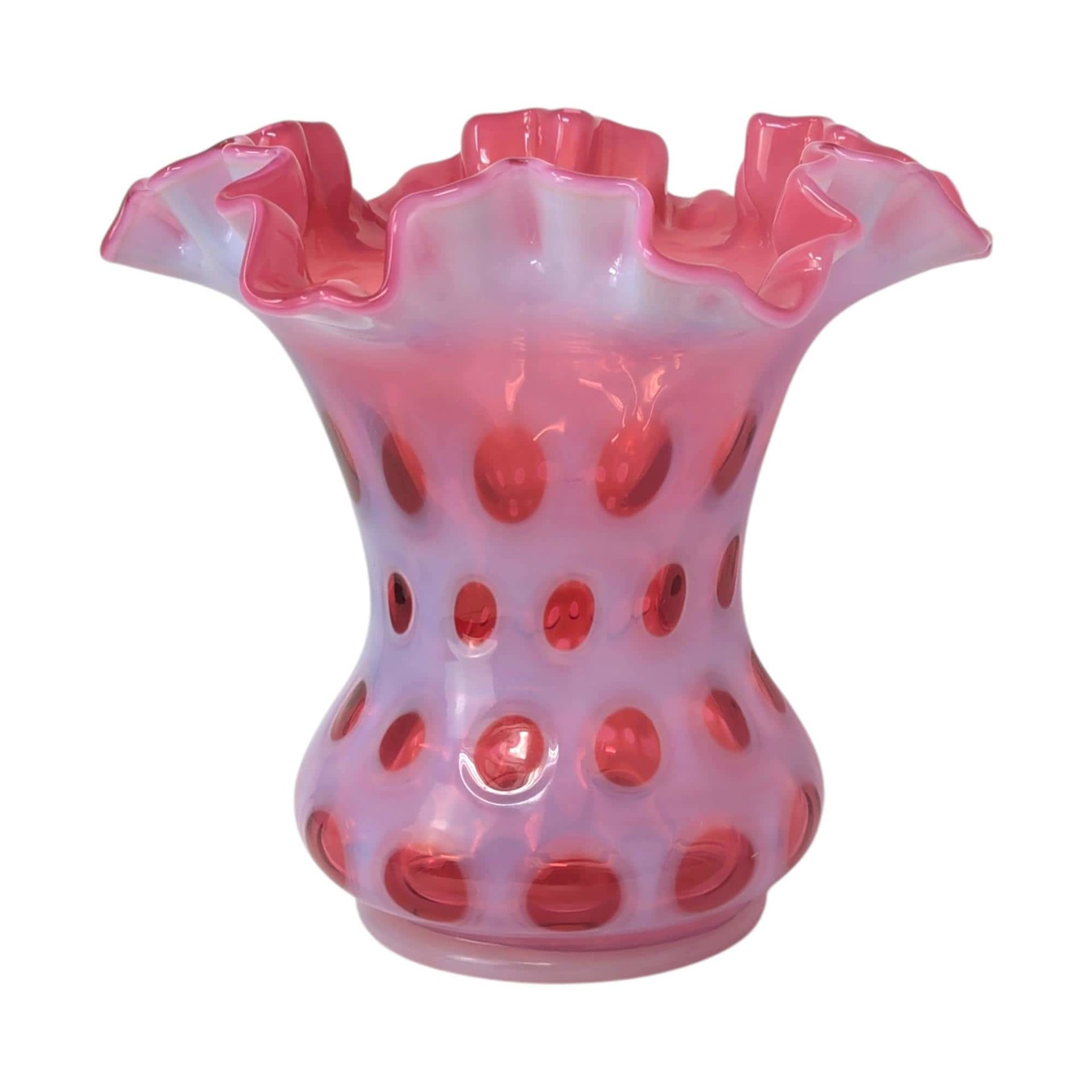 Fenton Cranberry Coin Dot Vase – Vintage Ruffled Art Glass Decorative Vessel