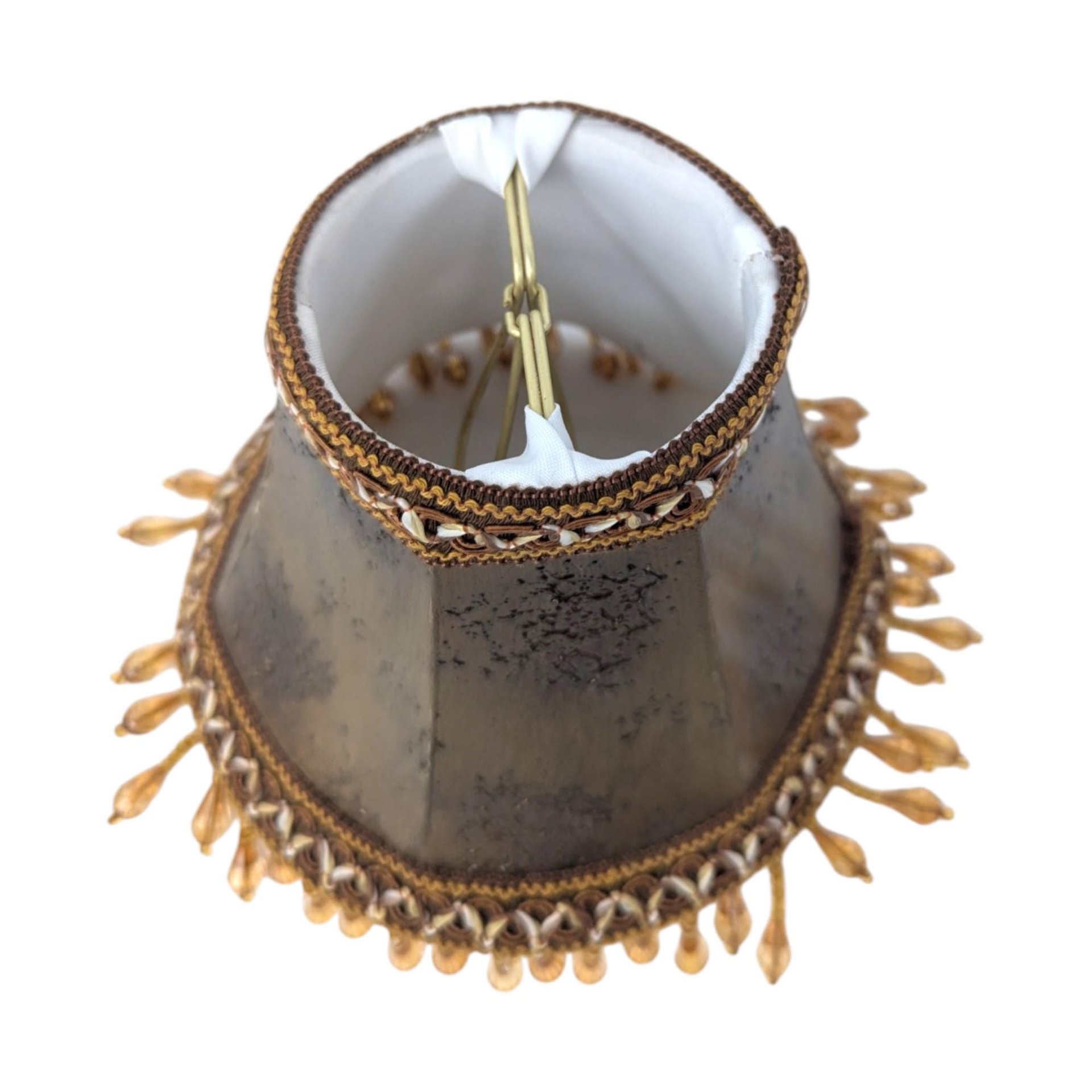 Vintage Beaded Fringe Bronze Tone Clip On Lampshade – Victorian Style Lighting Accent