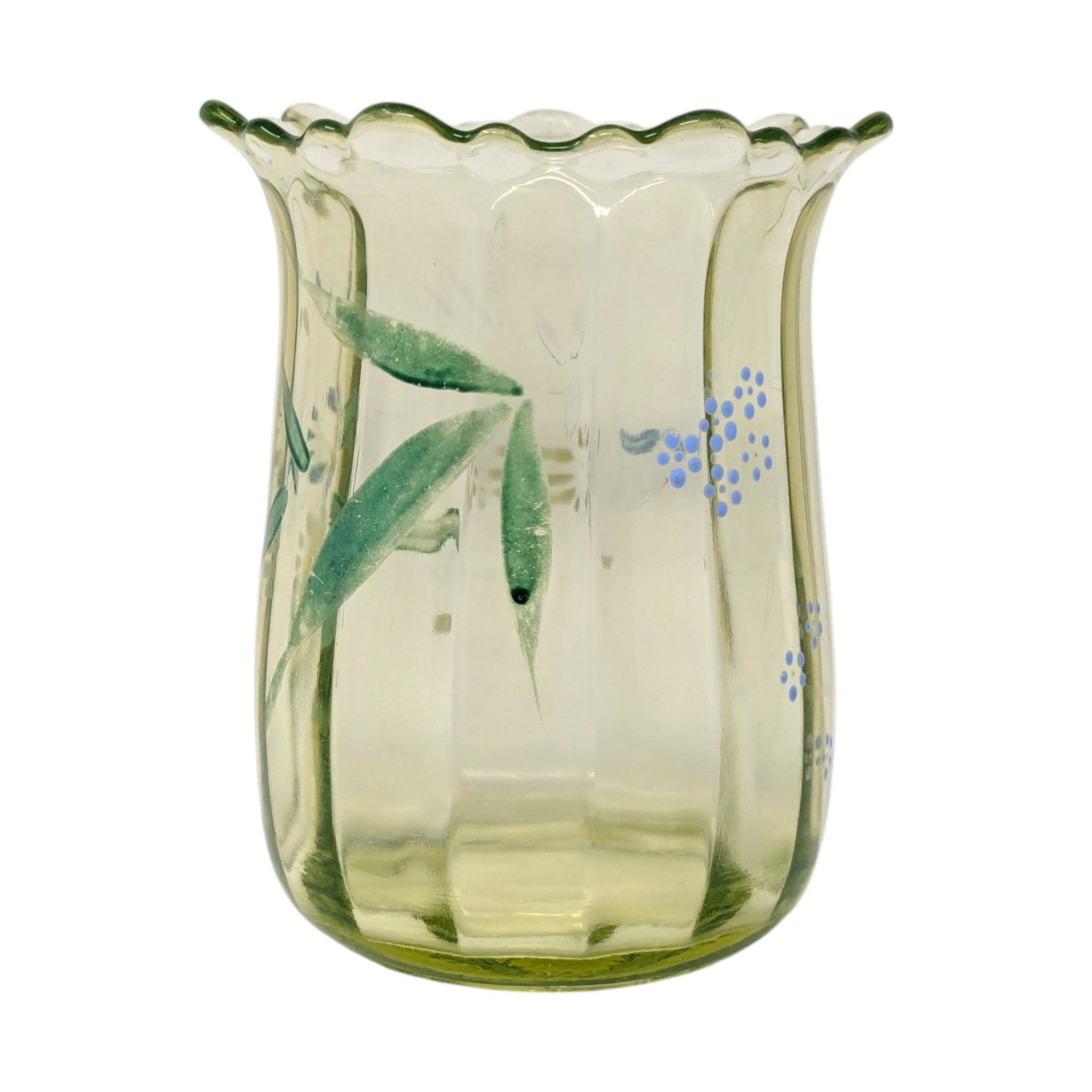 1900s Beaumont Hand Painted Green Uranium Glass Vase – Antique Art Glass Green Decor