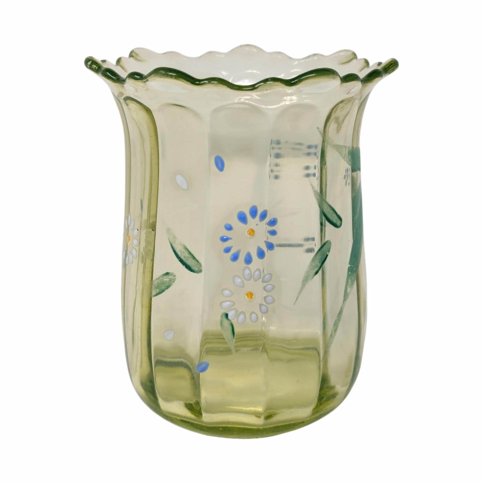 1900s Beaumont Hand Painted Green Uranium Glass Vase – Antique Art Glass Green Decor