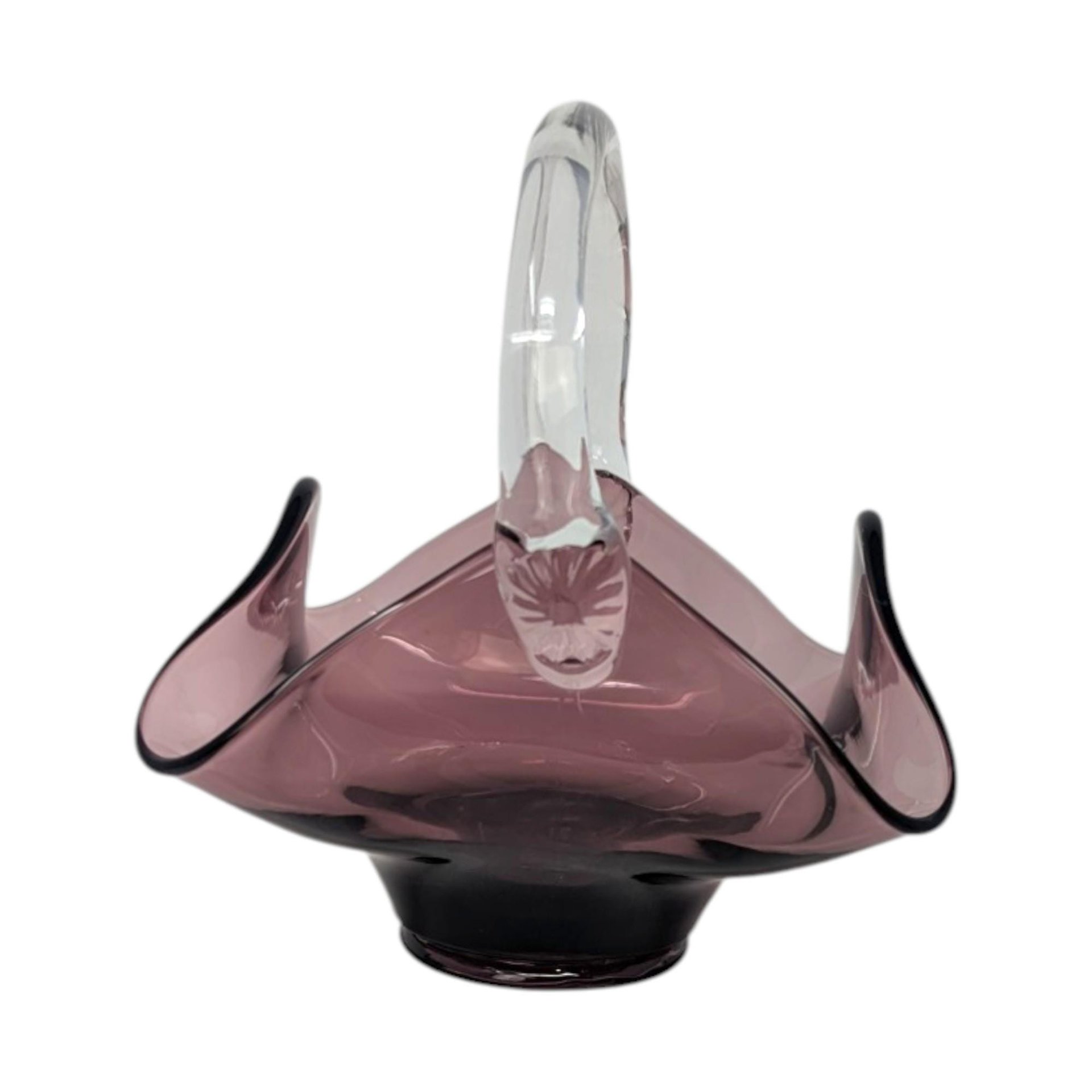 Vintage Viking Glass Amethyst Handkerchief Art Glass Basket – 1960s Mid-Century Purple Decor