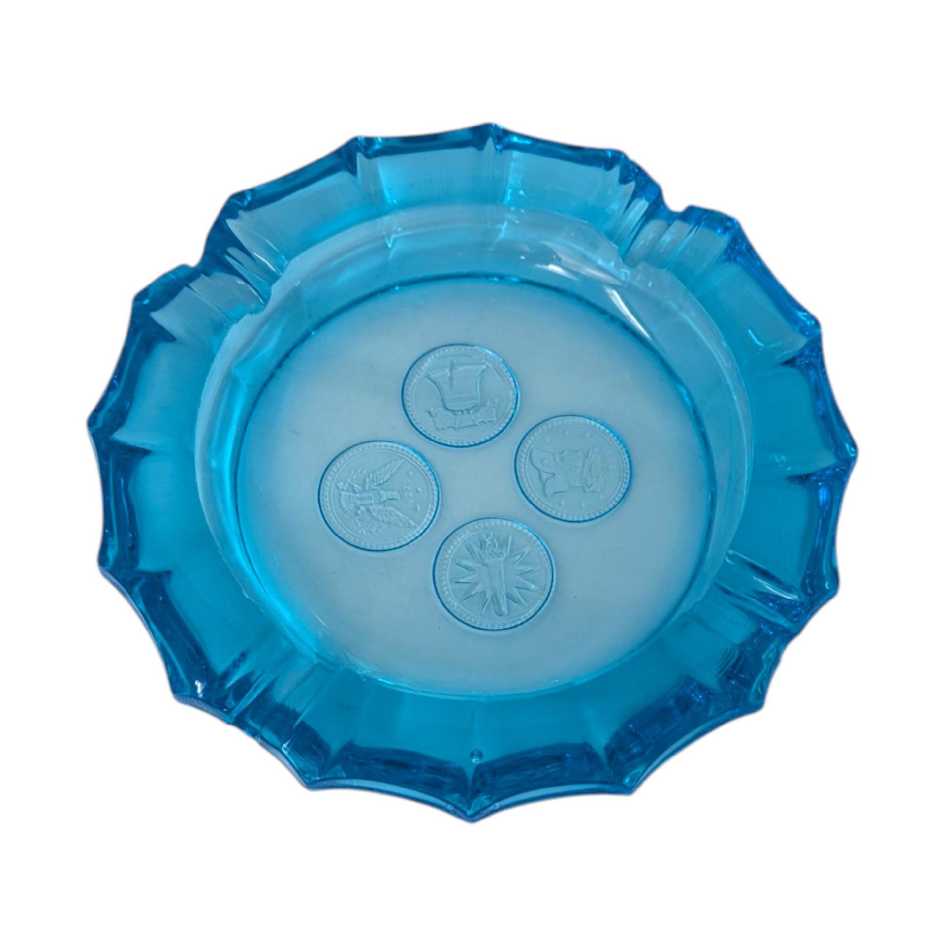 Vintage Fostoria Blue Coin Glass Ashtray – Mid-Century Glassware Home Office Decor