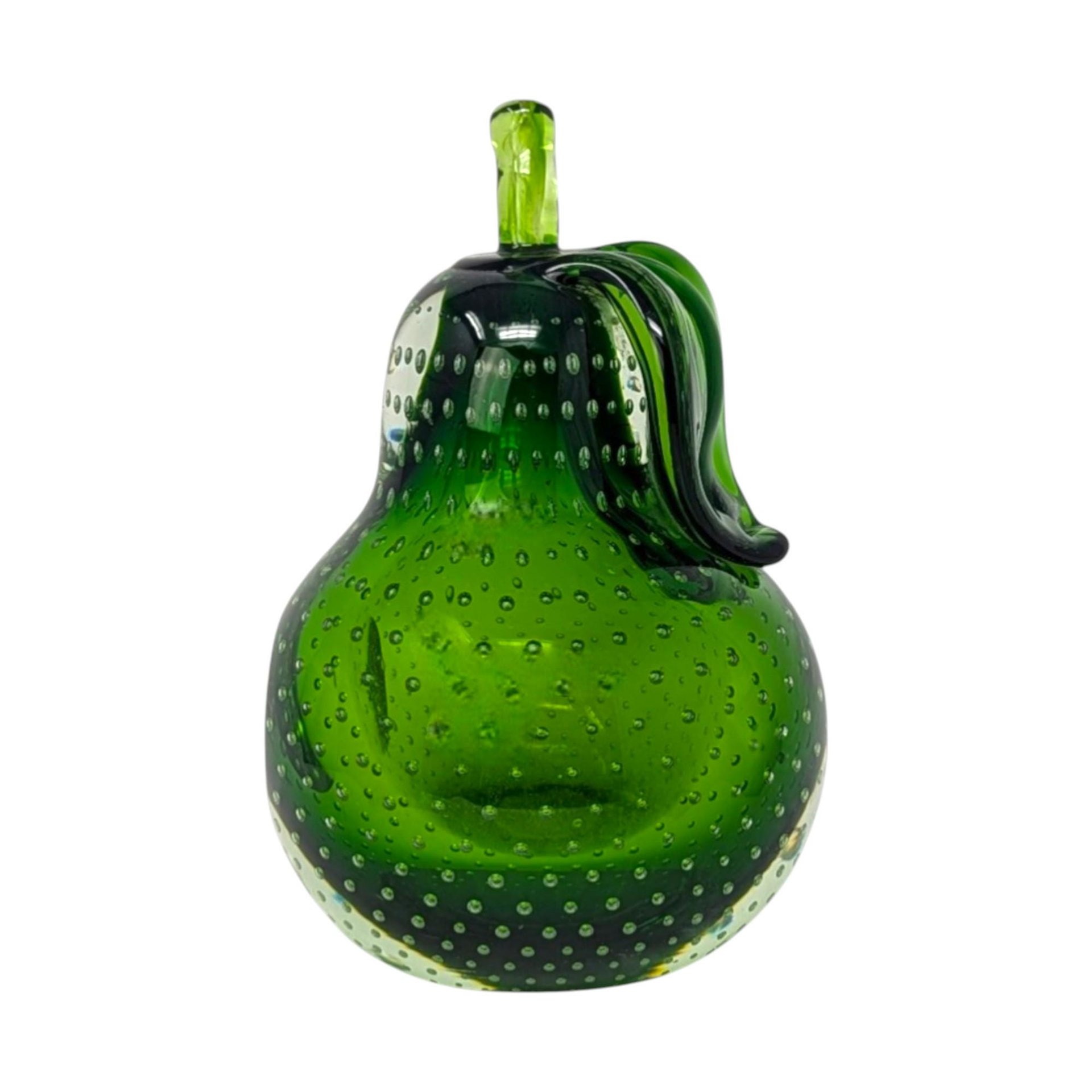 1960s Green Murano Glass Pear Paperweight – Mid-century Bullicante Glass Art Decor
