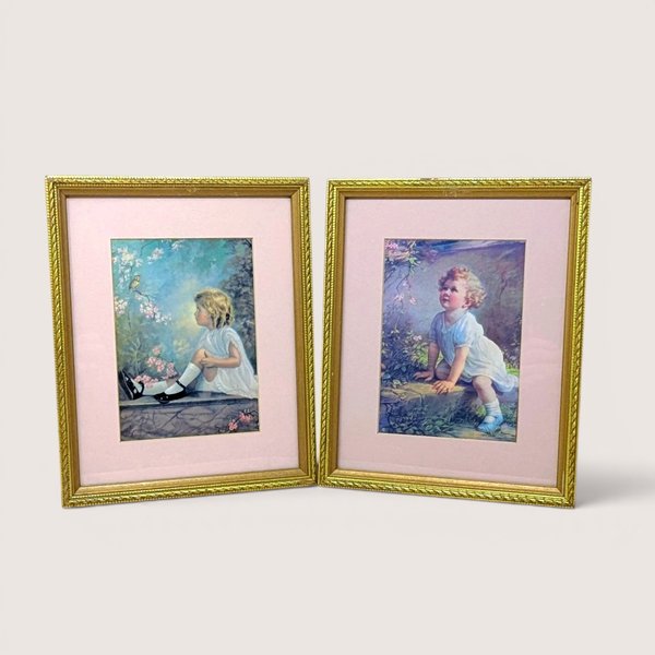 Pair of vintage 1930s framed prints by Zula Kenyon and Florence Lindsey. Features young girls in white dresses interacting with nature. Ornate gold wood frames with pink mats. 10.75 x 8.75 inches.