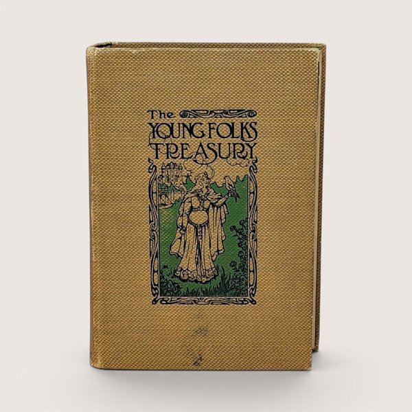 Antique book with a golden-yellow textured cloth cover. Features an Art Nouveau illustration of a woman with a hawk and a castle. Titled "The Young Folks Treasury" in stylized black font. Aged, tactile fabric finish.