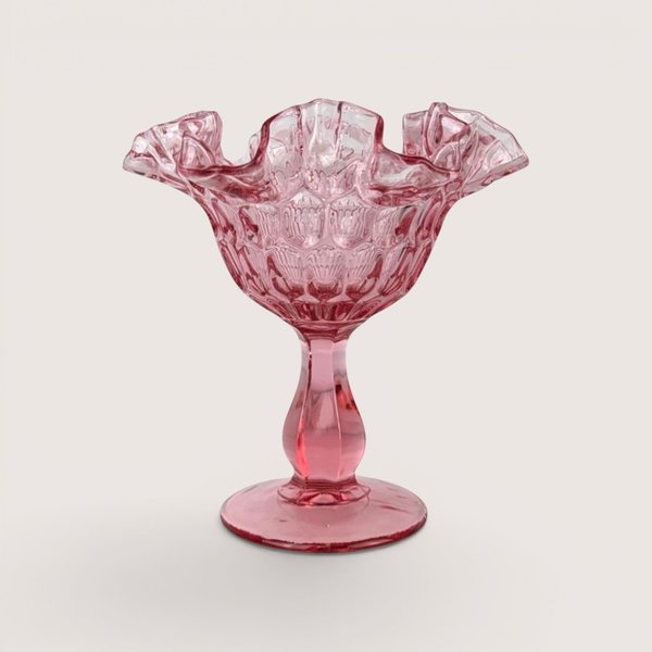 Vintage Fenton Cranberry Glass Pink Thumbprint Pedestal Compote