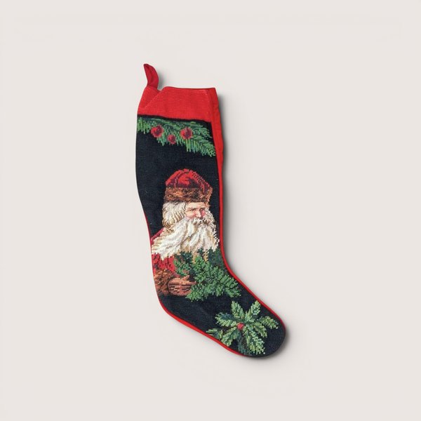 A vintage needlepoint Christmas stocking featuring a detailed Old World Santa with a fur hat and evergreen branches against a dark background.