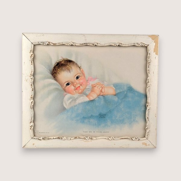 Vintage 1940s framed nursery print titled Take Me In Your Arms featuring a smiling baby by Charlotte Becker.