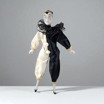 Vintage Harlequin Doll, Black and White Clown Doll, Porcelain Doll, Collectible Doll, 15 Inch Doll, Gift for Doll Collector