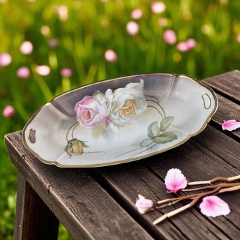 Vintage Suhl Germany Floral Celery Tray / Dresser Tray, 12" Oval Porcelain Serving Dish, Hand Painted Rose Design, Vanity Tray, Gift for Her