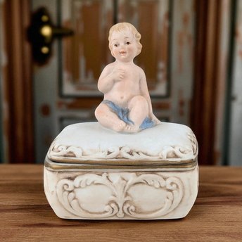 Bisque Porcelain Trinket Box, Baby with Blue Blanket Figurine, Keepsake Box, Nursery Decor, Gift for Baby Shower, Christening Gift