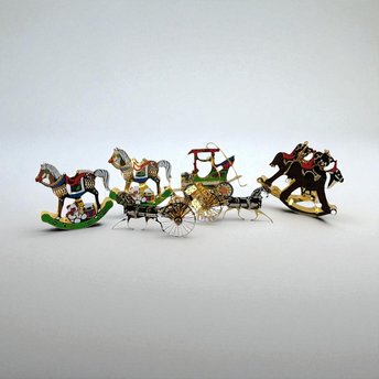 Vintage Brass Colored Metal Ornaments, Set of 7, Horse & Buggy, Rocking Horse, Christmas Tree Ornaments, Holiday Decor, Gift for Collectors