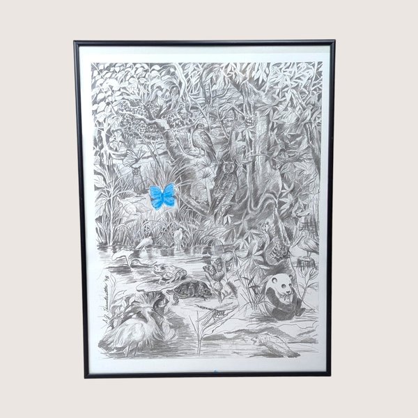 A framed pencil drawing of a dense forest filled with animals, featuring a single bright blue butterfly.