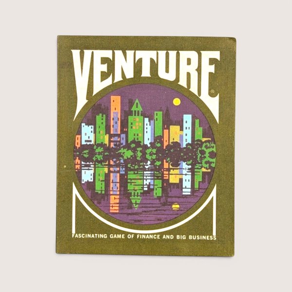 Vintage 1970 3M Venture finance card game box featuring a colorful retro skyline reflection illustration.