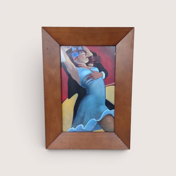 Framed painting print of a tango dancing couple in a blue dress and black suit against a bold red background.