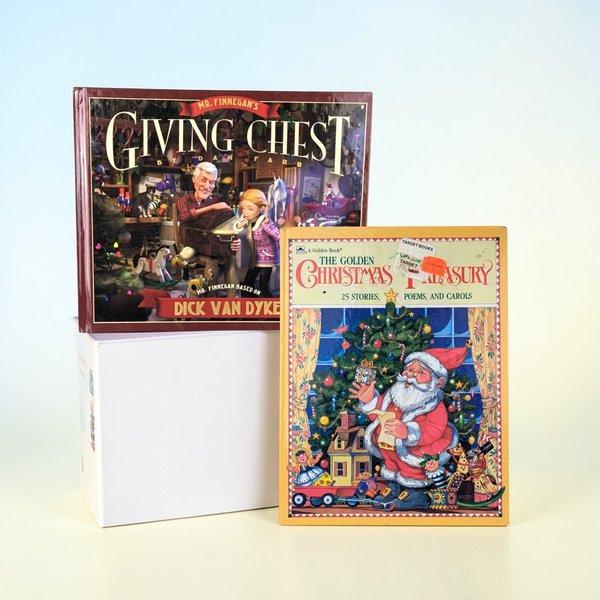 A collection of two illustrated Christmas books. The set includes a large hardcover titled "Mr. Finnegan's Giving Chest" by Dan Farr, featuring Dick Van Dyke on the cover, and a classic Golden Book titled "The Golden Christmas Treasury" depicting a traditional Santa Claus holding a gift list in front of a decorated tree.