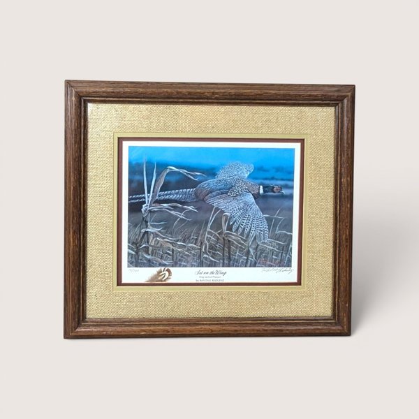 A framed vintage wildlife print titled "Set on the Wing" depicting a flying pheasant, centered on a beige background.