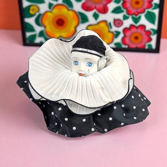 Vintage Sad Clown Head Music Box, Black & White Porcelain, Rotating Base, Unique Gift, Collectible Clown Decor