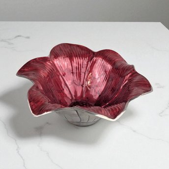 Vintage Julia Knight Flower Bowl, Mother of Pearl Enamel, Sand Cast Aluminum, Signed, Decorative Bowl, Collectible Art Bowl