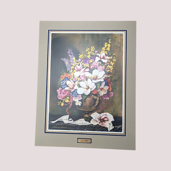 Vintage matted floral print titled Les Fleurs Classiques I by Leanne Hanson featuring white magnolias in an urn.