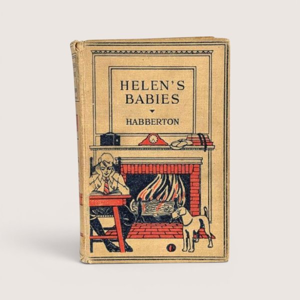 Antique 1920s Helen's Babies hardcover book by Habberton with a red and black illustration of a person by a fireplace.