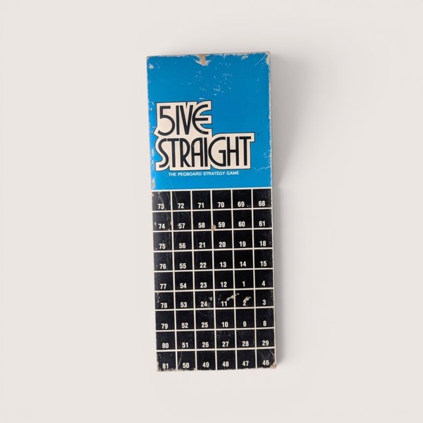 Vintage 1968 Five Straight pegboard strategy game featuring a blue and black numbered board section.