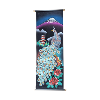 Vintage Japanese Scroll Mount Fuji Peacock Velvet Handpainted Wall Art