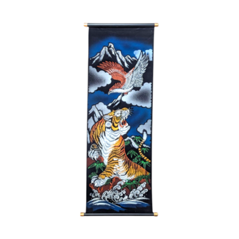 Vintage Japanese Tiger Eagle Velvet Handpainted Scroll Wall Art