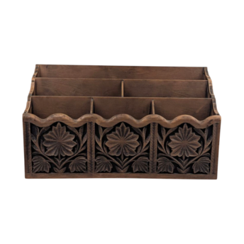 Vintage Lerner Faux Carved Wood Floral Desk Organizer, Dark Brown Desktop Mail Sorter, Office Letter Bill Holder, Classic Study Accessory