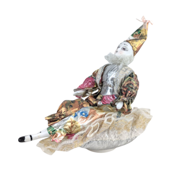 Vintage Porcelain Musical Harlequin Clown Doll, 10 Inch Seated Jester Figurine with Wind-Up Music Box, Collectible Circus Themed Decor Gift