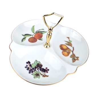 Vintage 1961 Royal Worcester Evesham Gold 3 Part Relish Dish, 9.5 Inch Divided Serving Dish with Center Handle, Fine Bone China
