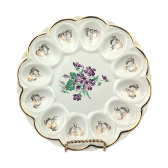 Vintage Ceramic Deviled Egg Tray, Plate, Purple Violets, Gold Trim, 9.25 Inch, Floral Appetizer Server, Holiday Entertaining