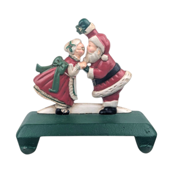 Vintage Midwest Cannon Falls Cast Iron Kissing Santa Mrs Claus Double Stocking Holder, Mistletoe Christmas Mantle Hanger Pair