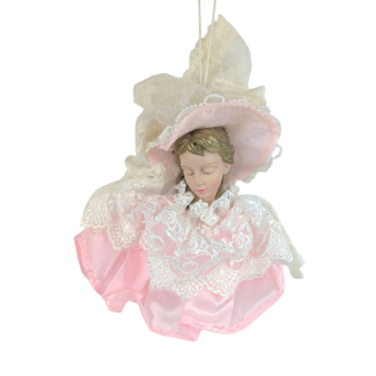 Vintage Doll Head Ornament Plastic Face, Pink Satin Lace Dress Bonnet, 5 Inch Victorian Style Hanging Lady, Shabby Chic Decorative Accent