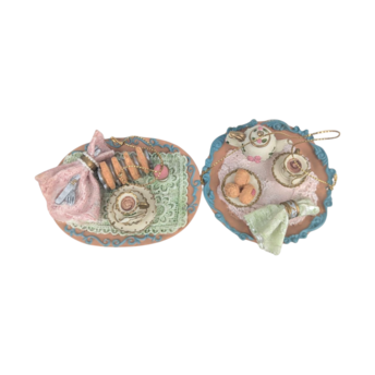 Vintage Resin Picnic Basket Tea Party Ornament Set, Detailed Miniature, Food Drink Theme, Hanging Decor