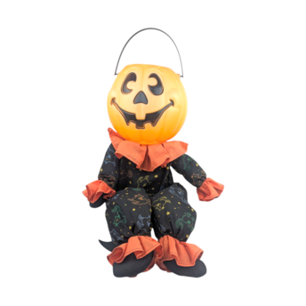Vintage Halloween Pumpkin Man Door Greeter Candy Bowl, Holder, Soft Body, 24 Inch Tall Seated Porch Decoration
