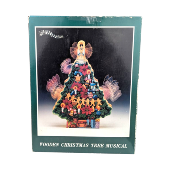 Vintage Wooden Christmas Tree Musical Box Plays White Christmas, Angel Topper, Holiday Decor, Traditional Christmas Decoration