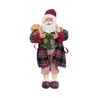 Vintage Standing Santa Claus Figure with Plaid Robe, Christmas Decor Santa Holding Book & Teddy Bear, Holiday Mantel Decoration