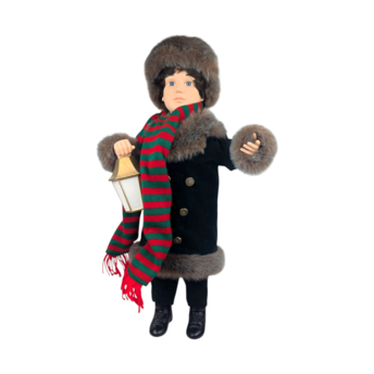 1996 Telco Animated Caroler Boy Figure with Lantern, 25 Inch Light Up Moving Christmas Holiday Display, Winter Fur Trim Coat Decor