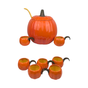 Vintage Ceramic Pumpkin Punch Bowl Set Tureen with Lid Ladle and 7 Cups, Fall Halloween Thanksgiving Party Decor, Autumn Serving Centerpiece