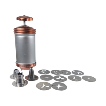 Vintage Mirro Aluminum Cookie Press Set, Copper Tone, Spritz Maker, Discs, Nozzles, Mid Century Baking Tool, Holiday Cookie Decorating