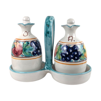 Vintage Italian Pottery Cruet Set, Hand Painted Oil and Vinegar Bottles with Caddy, Tuscan Kitchen Decor, Made in Italy