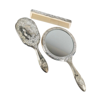 Vintage Silver Plated Vanity Set, 3 Piece Dresser Set with Hand Mirror, Brush and Comb, Ornate Repoussé Floral, Antique Style Boudoir Decor