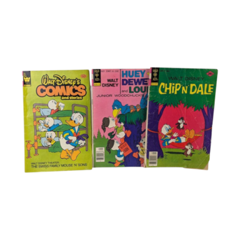 Vintage Disney Comic Book Lot of 3, 1960s-70s Whitman Comics, Huey Dewey & Louie, Chip n Dale, Low Grade Reader Copy Bundle