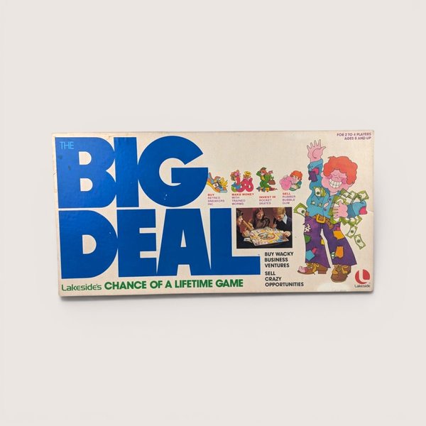 1977 Lakeside The Big Deal vintage board game box with bold blue text and colorful retro cartoon character graphics.