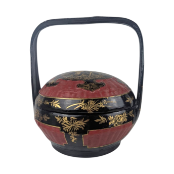 Vintage Chinese Wedding Basket, Hand Painted Red Black Gold Bamboo, Peranakan Bakul Sia Dowry Basket, Asian Home Decor