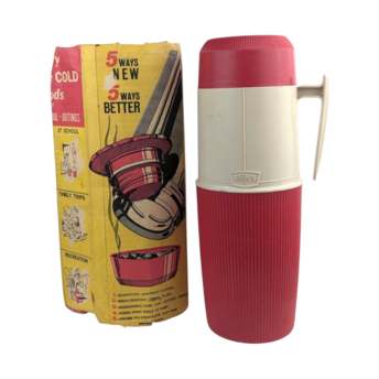 Vintage 1960s Thermos Wide Mouth Vacuum Bottle No. 6402, Quart Size Red and White Insulated Food Jar with Original Box, Classic Camping Jug
