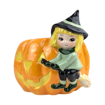Vintage Ceramic Witch Planter, Cute Blonde Witch on Pumpkin Jack-o-Lantern, Mid Century Style Halloween Figurine, Spooky Cute Candy Dish